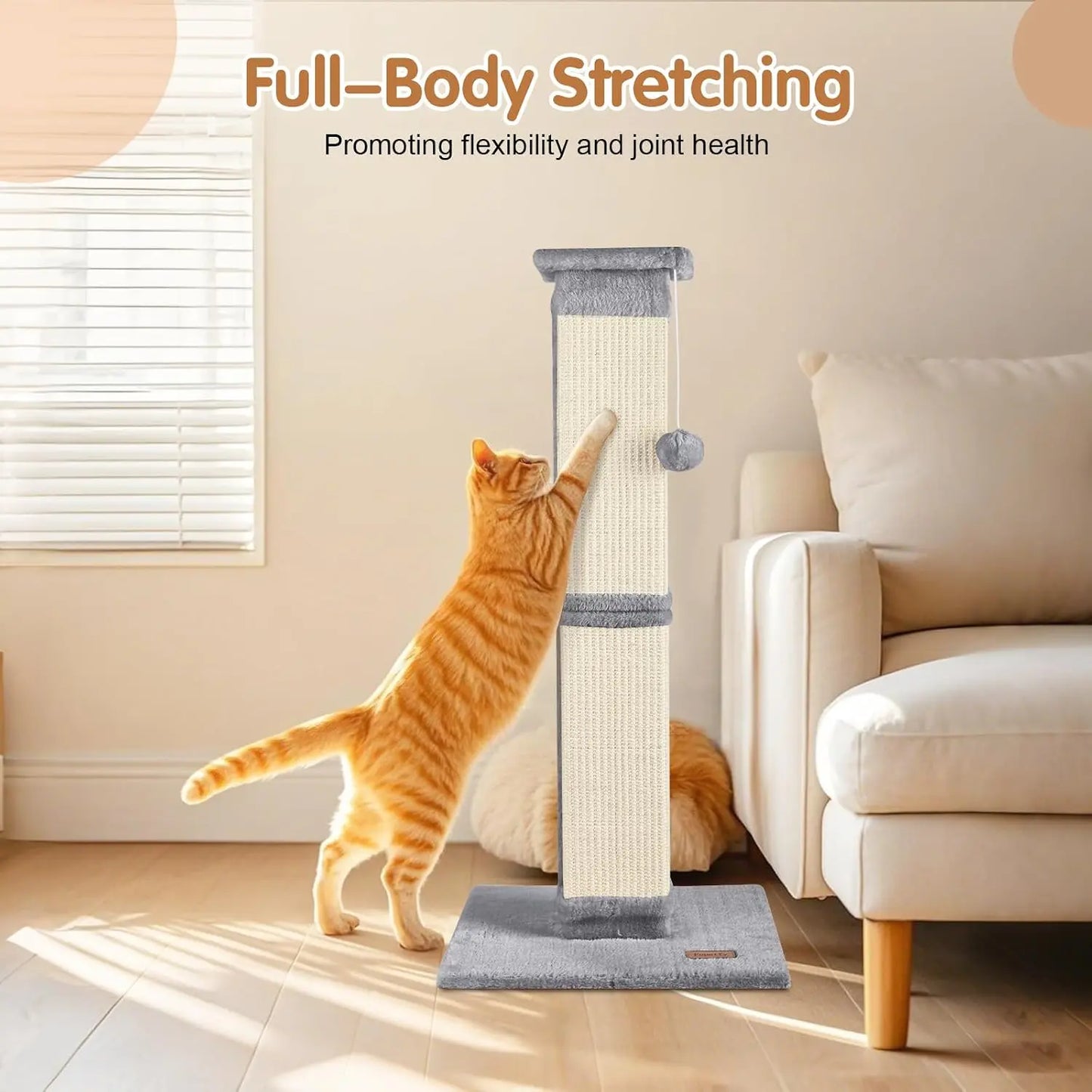 33 Inch Grey Cat Scratching Post for Indoor Cats, Cat Tree for Full-Body Stretching, Protect Your Furniture