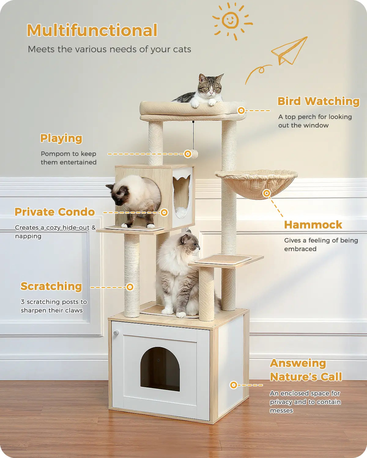 PAWZ Road Cat Tree with Litter Box Enclosure, 56.7-Inch Modern Cat Tower with Storage Cabinet and Spacious Wood Cat Condo, Sisal Covered Scratching Post and Repalcable Dangling Balls#Dealsforyoudays
