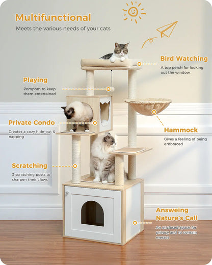 PAWZ Road Cat Tree with Litter Box Enclosure, 56.7-Inch Modern Cat Tower with Storage Cabinet and Spacious Wood Cat Condo, Sisal Covered Scratching Post and Repalcable Dangling Balls#Dealsforyoudays