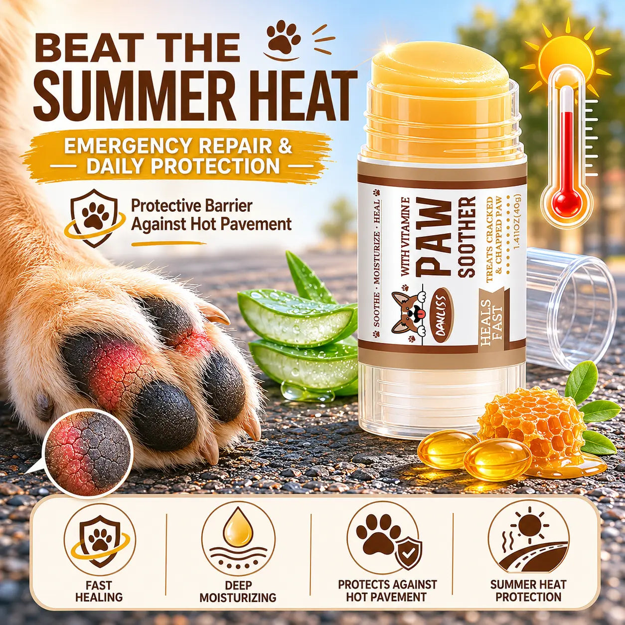 Dog Paw Balm Stick for Dry & Rough Paw Pads, Moisturizing Paw Soother with Vitamin E, No-Mess Glide-On Dog Paw Care Balm for Daily Walks, 1.41Oz/40G