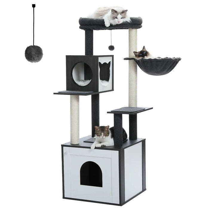 PAWZ Road Cat Tree with Litter Box Enclosure, 56.7-Inch Modern Cat Tower with Storage Cabinet and Spacious Wood Cat Condo, Sisal Covered Scratching Post and Repalcable Dangling Balls#Dealsforyoudays