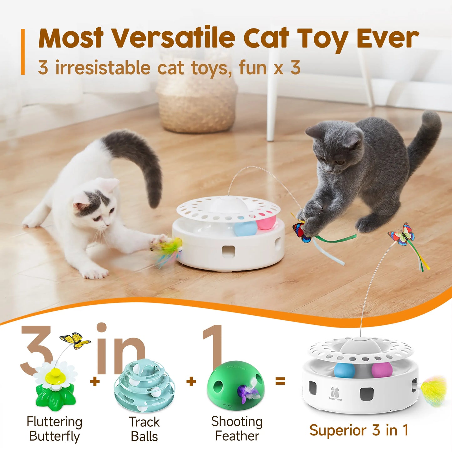 Potaroma Premium 3-In-1 Automatic Interactive Cat Toy, Fluttering Butterfly, Ambush Feather, Track Balls, Dual Power, USB Powered, Indoor Enrichment Toy for Kittens & Cats, Polypropylene, 4 Aa Batteries, Flexible Dual Power System, Healthy Activity Levels