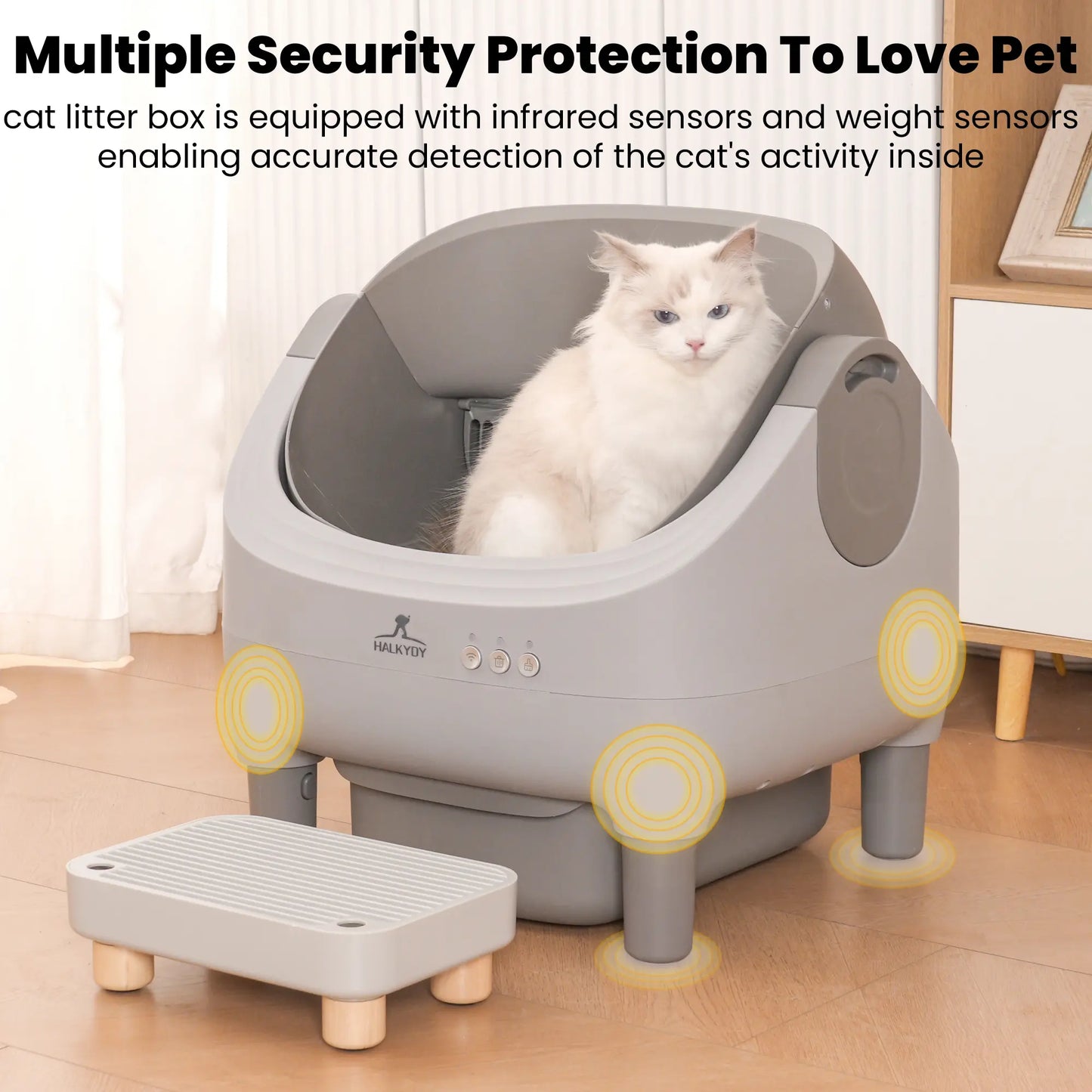 Upgraded Self-Cleaning Cat Litter Box with Raised Step, Monitor + Control via Smart App, Odor Control & Health Monitoring & Safety Protection & Low Noise, Large Automatic Litter Box for Multiple Cats