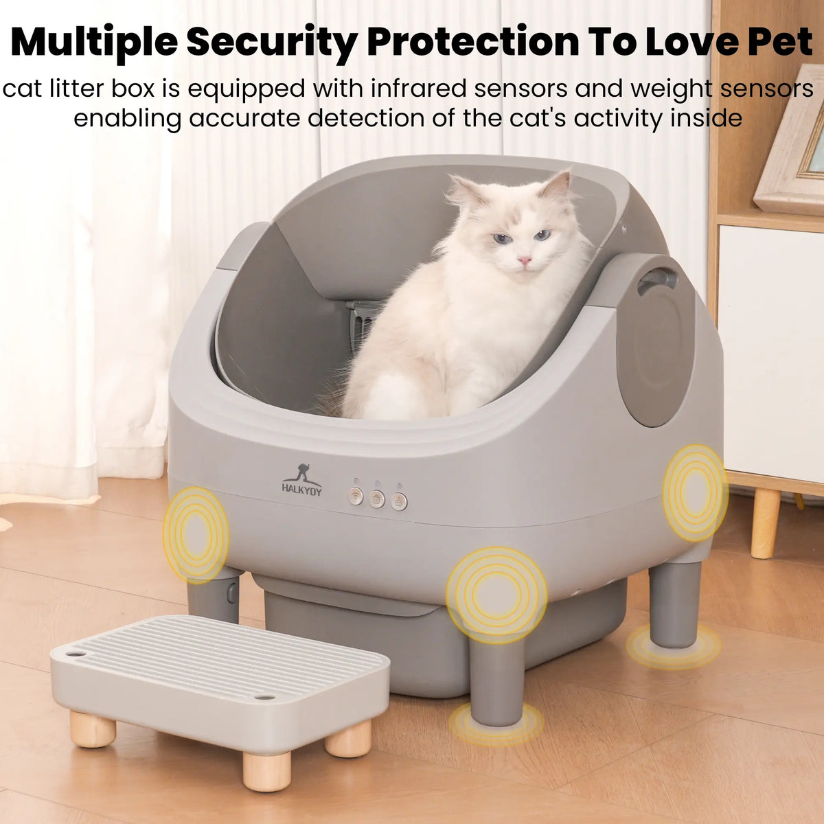 Upgraded Self-Cleaning Cat Litter Box with Raised Step, Monitor + Control via Smart App, Odor Control & Health Monitoring & Safety Protection & Low Noise, Large Automatic Litter Box for Multiple Cats