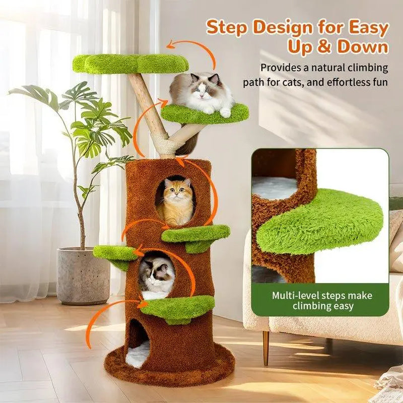 Bingopaw Cat Tree Large Cat Tower with Sturdy Wooden Frame Sisal Rope Scratching Post Modern Cat Condo for Indoor Cats Green Brown Multi Level Fun for Active Cats
