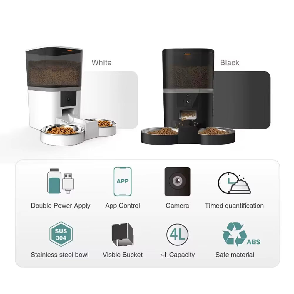 4L with HD Camera Automatic Pet Feeder Cat and Dog Food Automatic Dispenser Suitable for Two Pet Cat and Dog Feeding Remote Feed