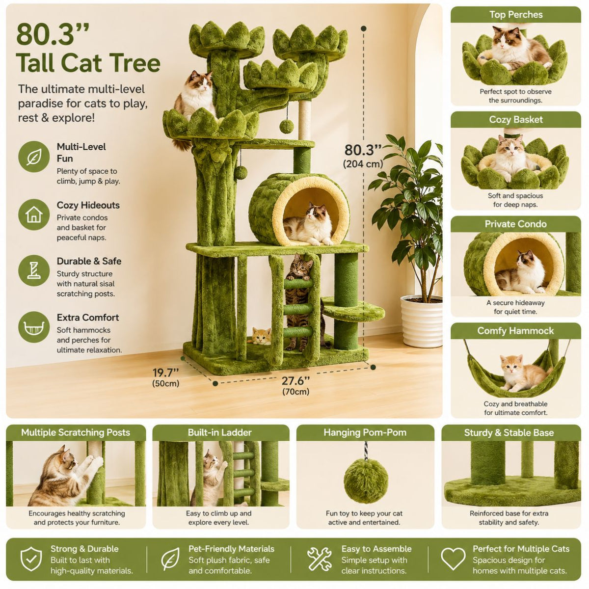 80.3 Inches Tall Cat Tree for Indoor Cats, Multi-Level Cat Tower with Cat Condos, Top Perches, Cozy Basket,Hammocks, Large Pet Activity Structure