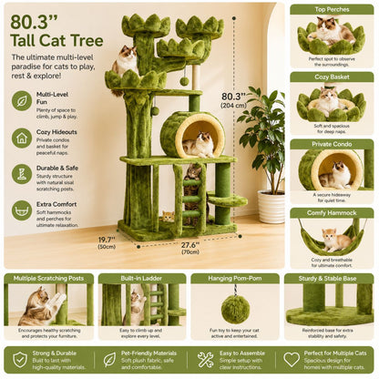 80.3 Inches Tall Cat Tree for Indoor Cats, Multi-Level Cat Tower with Cat Condos, Top Perches, Cozy Basket,Hammocks, Large Pet Activity Structure