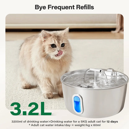 Round One Cat Water Fountain Stainless Steel - 3.2L/108Oz Pet Water Fountain for Cats Indoor - Automatic Pet Watering Dispenser (1 Filter) Pat Water Fountain