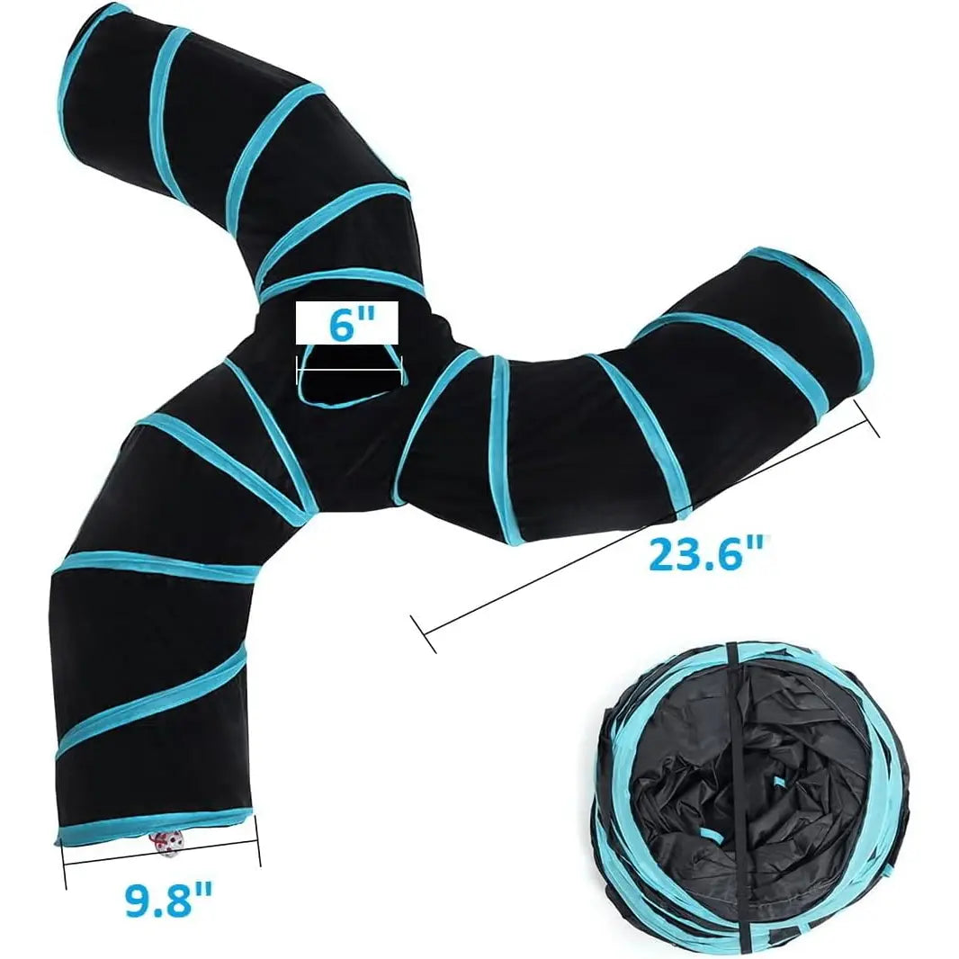 Foldable S-Curve Cat Tunnel Toy for Bored Indoor Cats, 1-Way/3-Way Multi-Entry, Multi-Channel Maze with Peek Holes & Play Ball Exit, Durable Scratch-Resistant Polyester Fabr., Space-Saving, Universal Fit (Blue & Black)