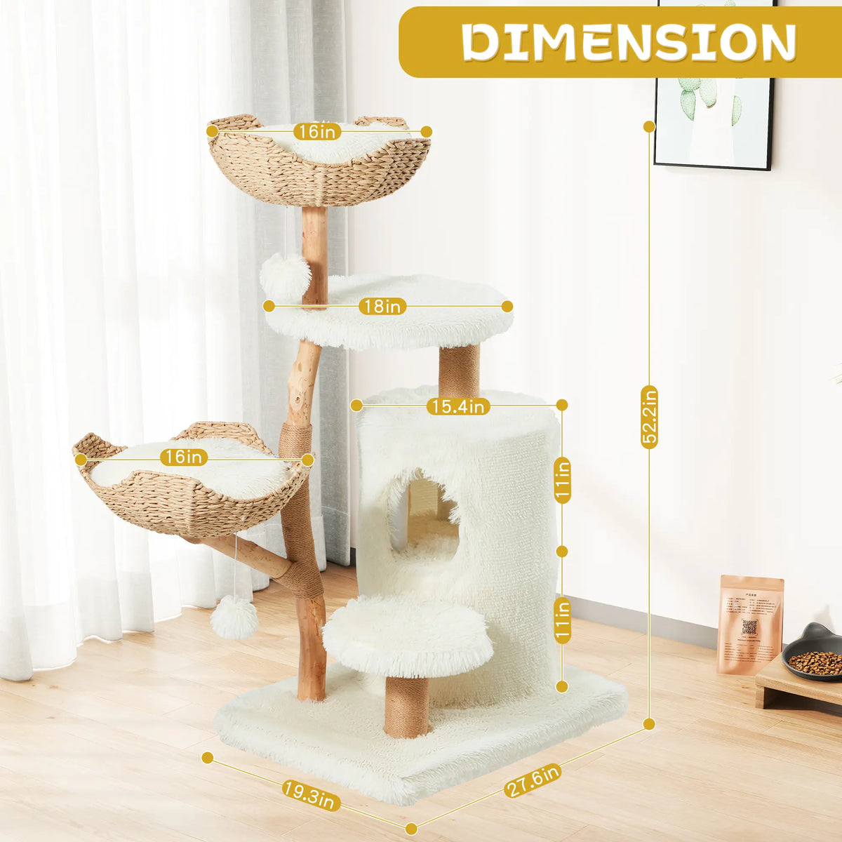 EROMMY Natural Wood Cat Tree - 37-Inch Holiday Edition, Hand-Woven Baskets, Sisal Scratching Posts, Star Scratcher, Festive Santa Hat Design, Wide Base for Calm Play, Washable Cover, Interchangeable Parts, 2 Hanging Stars, Cozy Indoor Tower for 2 Cats