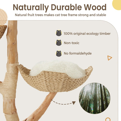 EROMMY Natural Wood Cat Tree - 37-Inch Holiday Edition, Hand-Woven Baskets, Sisal Scratching Posts, Star Scratcher, Festive Santa Hat Design, Wide Base for Calm Play, Washable Cover, Interchangeable Parts, 2 Hanging Stars, Cozy Indoor Tower for 2 Cats