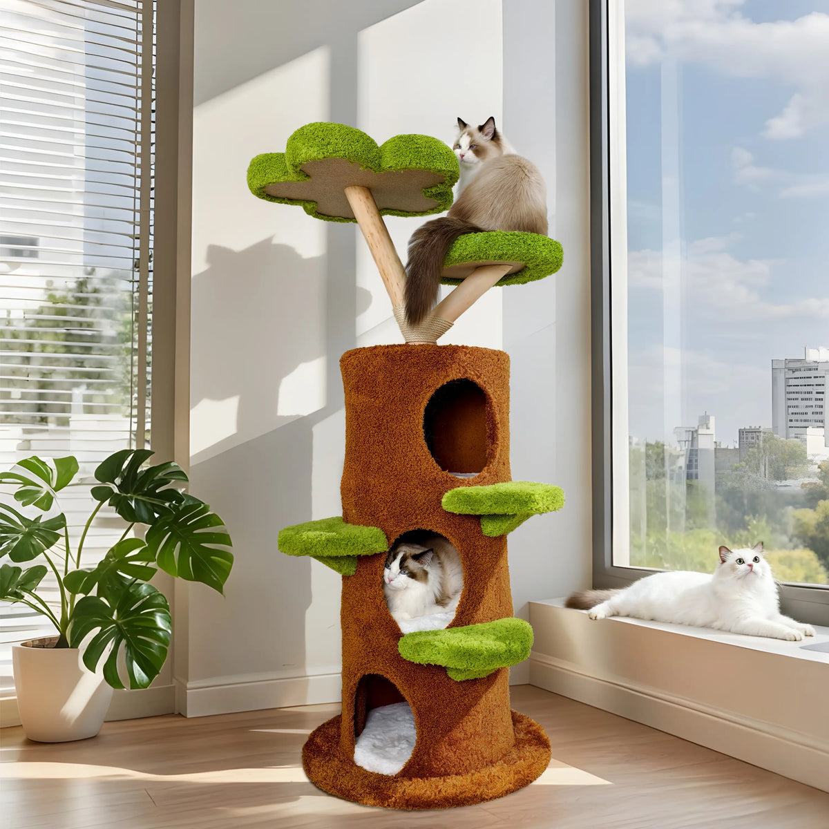 Bingopaw Cat Tree Large Cat Tower with Sturdy Wooden Frame Sisal Rope Scratching Post Modern Cat Condo for Indoor Cats Green Brown Multi Level Fun for Active Cats
