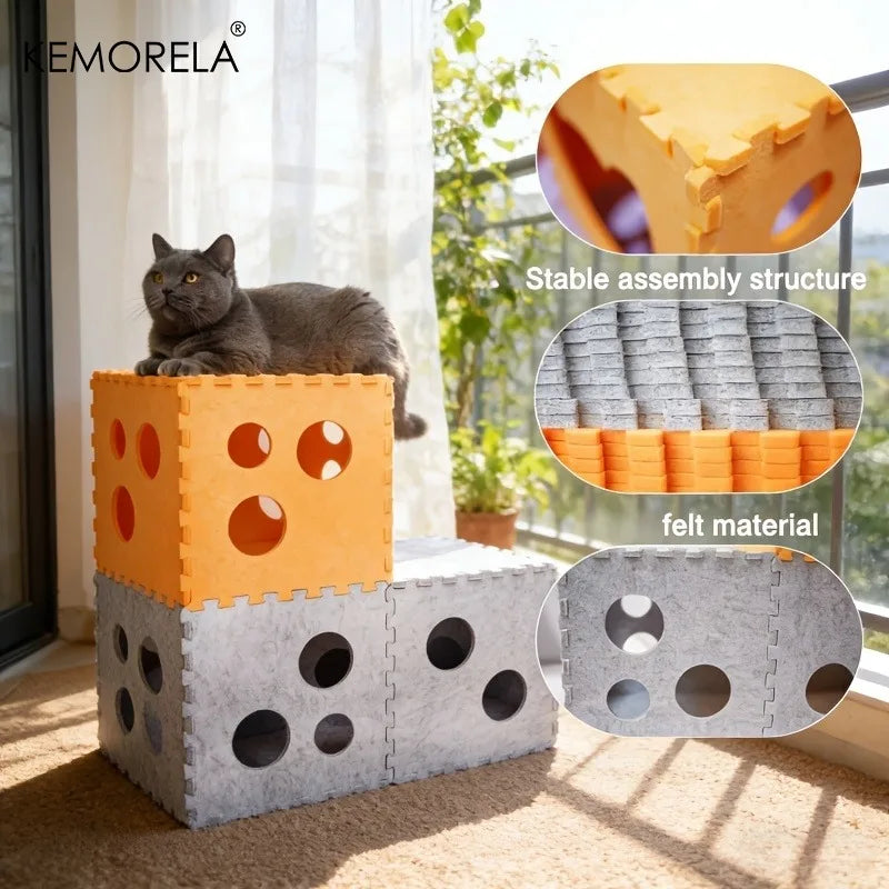 Cat Tunnel Interactive Cat House Foldable Cat Hideout Oversized Felt Cat Scratching Board and Bed Durable Removable