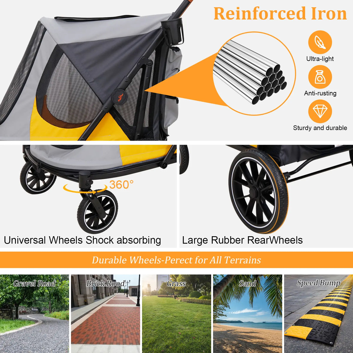 Bingopaw 1-Touch Foldable Puppy Stroller for Medium Dogs - Heavy-Duty Oxford Cloth Dog Carrier, Rear Storage Bag, Breathable Mesh, Viewing Window, Ideal for Old/Injured Pets, Indoor/Outdoor Use
