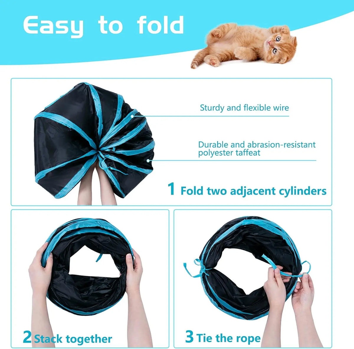 Foldable S-Curve Cat Tunnel Toy for Bored Indoor Cats, 1-Way/3-Way Multi-Entry, Multi-Channel Maze with Peek Holes & Play Ball Exit, Durable Scratch-Resistant Polyester Fabr., Space-Saving, Universal Fit (Blue & Black)