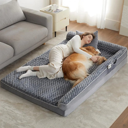 Orthopedic L-Shaped Extra Large Dog Bed - 42"X30"X6.5" Waterproof Velvet-Top Sofa, Pressure Relief Memory Foam, Joint Support, Detachable Washable Snap-Zipper Cover, Self-Warming Soft Surface, Non-Slip Bottom, Chew Resistant, for Apartment Decor