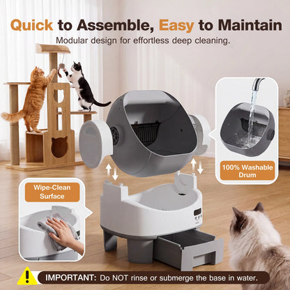 Alifuraha Smart Self-Cleaning Automatic Litter Box - Portable Open-Top, 3.5Lbs-22Lbs Mixed Cats, Large Capacity, App-Free Plug-And-Play, 4-Layer Advanced Safety, Easy-Washable Drum, 15-Day Hands-Free Traveling, Odor Control, Auto/Manual Modes, Portable Li