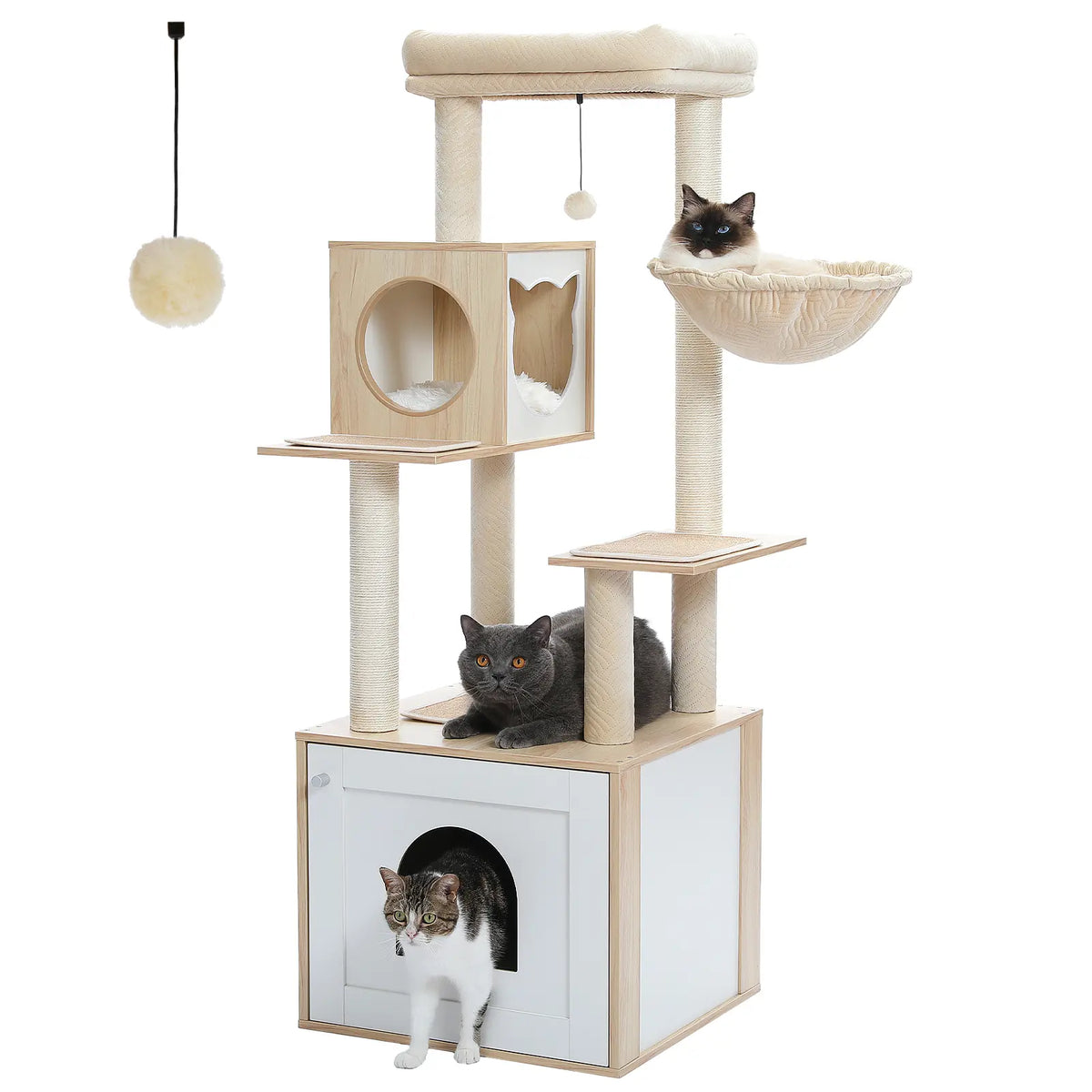 PAWZ Road Cat Tree with Litter Box Enclosure, 56.7-Inch Modern Cat Tower with Storage Cabinet and Spacious Wood Cat Condo, Sisal Covered Scratching Post and Repalcable Dangling Balls#Dealsforyoudays
