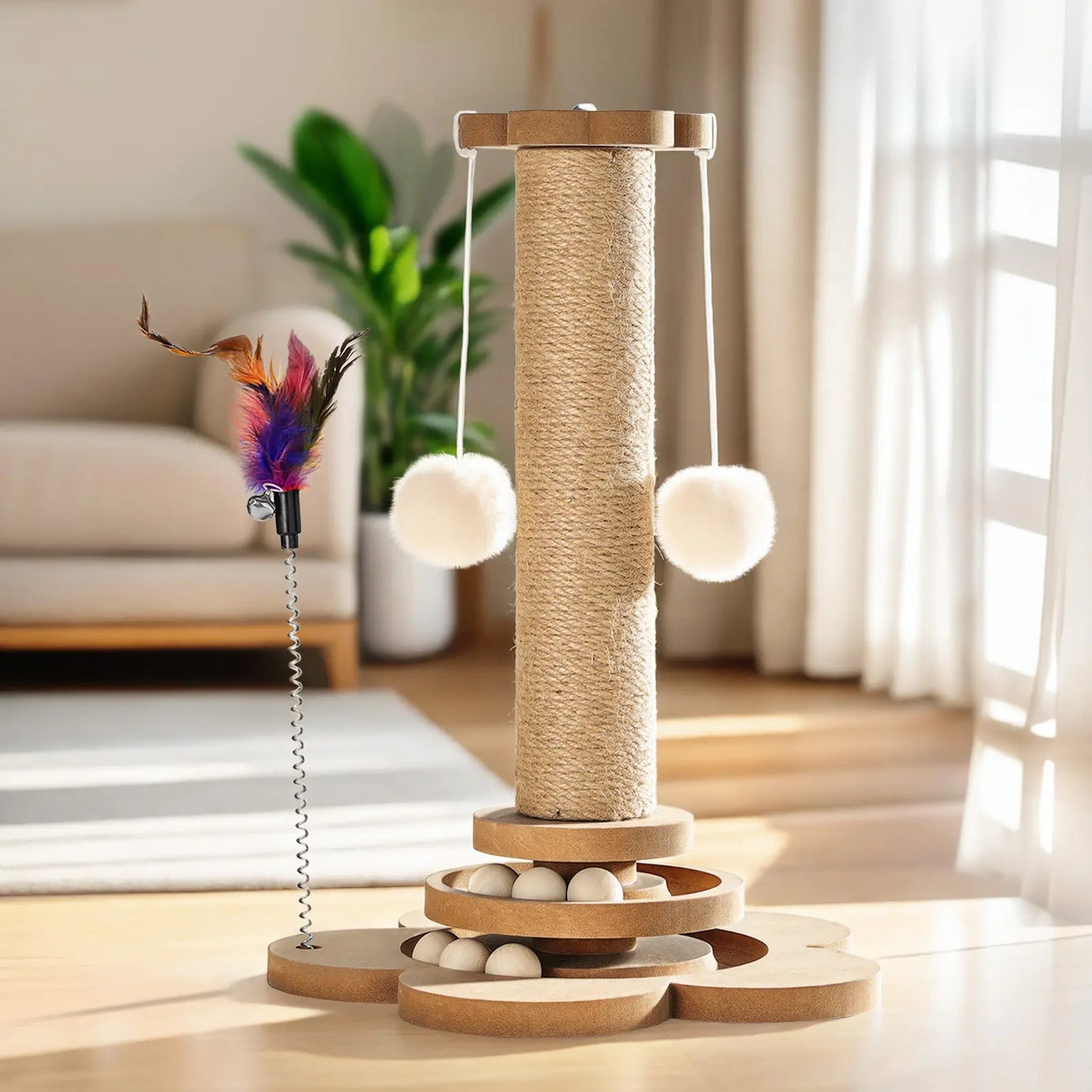 Pawaboo 9.45'' Cat Scratching Post, Cat Scratcher Tree Tower Scratching Posts for Indoor Cats, Sisal Kitten Scratch Posts Trees with Hanging Fluffy Balls and Track Balls, Furniture Protector Cat Toys Wood