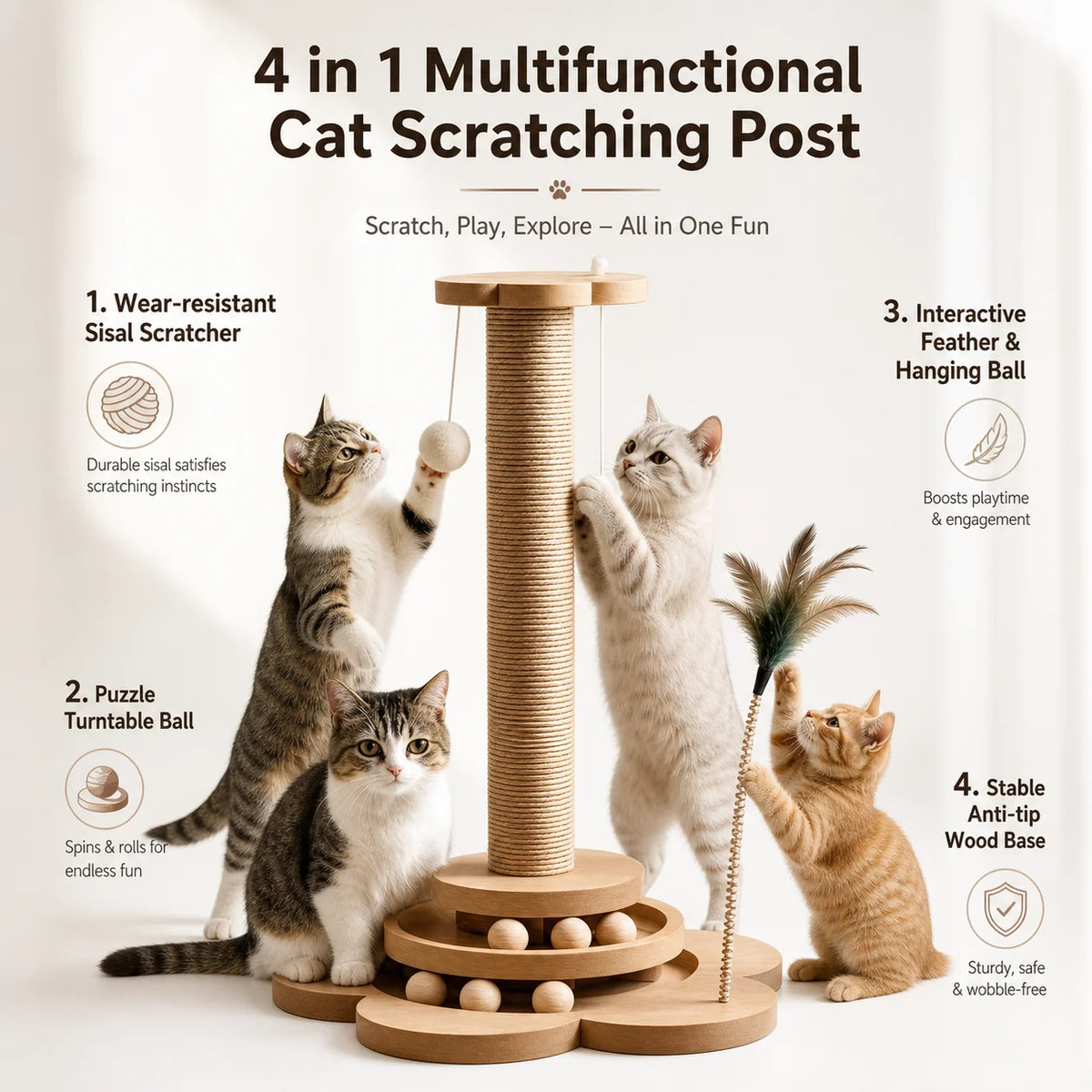 Sisal Cat Scratching Post Integrated Climbing Frame Durable Non Shed Scratch Pad Interactive Play Toy for Indoor Cats