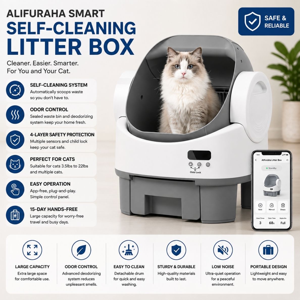 Alifuraha Smart Self-Cleaning Automatic Litter Box - Portable Open-Top, 3.5Lbs-22Lbs Mixed Cats, Large Capacity, App-Free Plug-And-Play, 4-Layer Advanced Safety, Easy-Washable Drum, 15-Day Hands-Free Traveling, Odor Control, Auto/Manual Modes, Portable Li