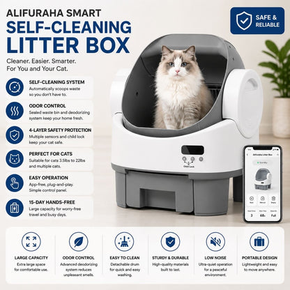 Alifuraha Smart Self-Cleaning Automatic Litter Box - Portable Open-Top, 3.5Lbs-22Lbs Mixed Cats, Large Capacity, App-Free Plug-And-Play, 4-Layer Advanced Safety, Easy-Washable Drum, 15-Day Hands-Free Traveling, Odor Control, Auto/Manual Modes, Portable Li