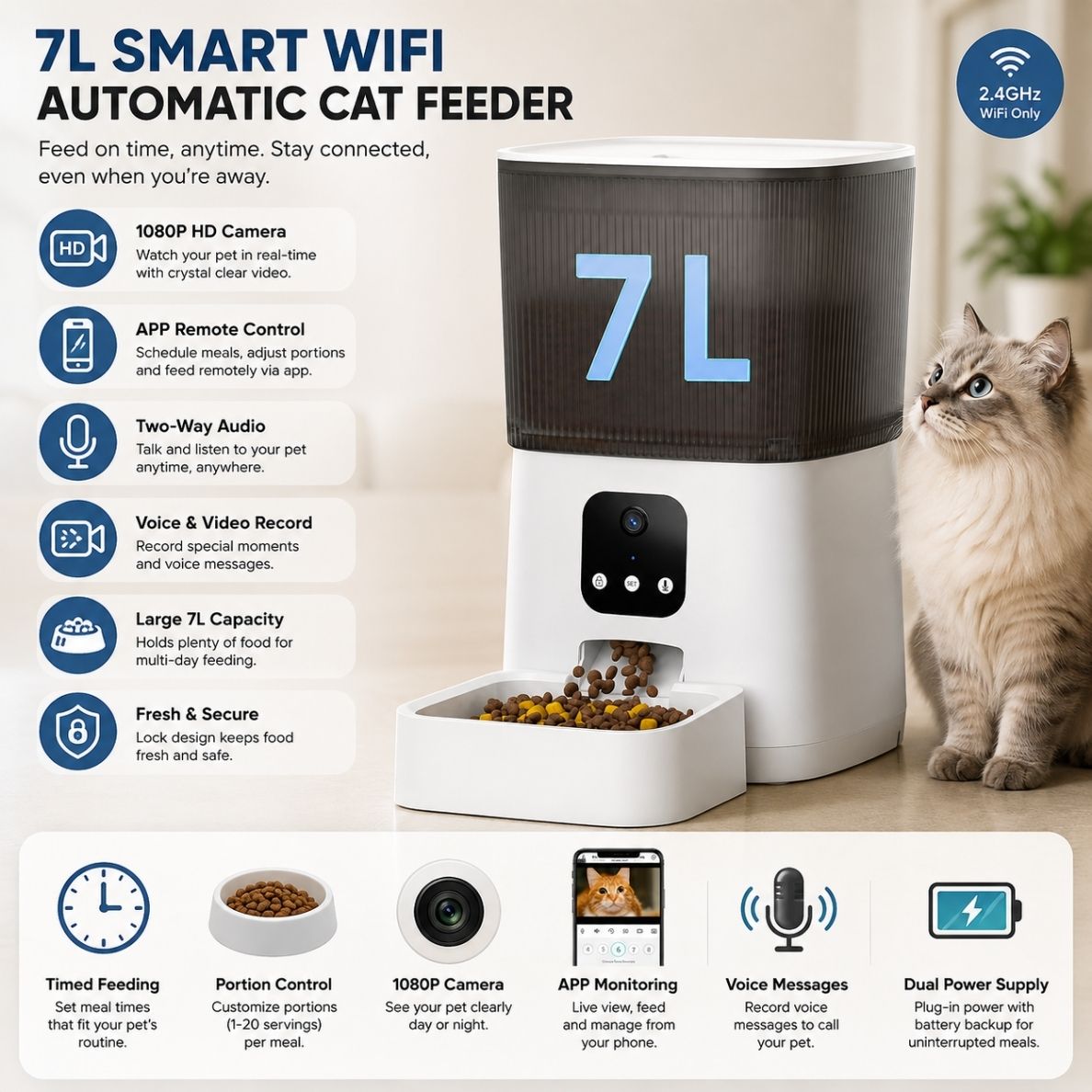 Automatic Cat Feeder with 1080P Camera, 7L Wifi Cat Food Dispenser with Remote App Control, Voice & Video Record,Pet Feeders