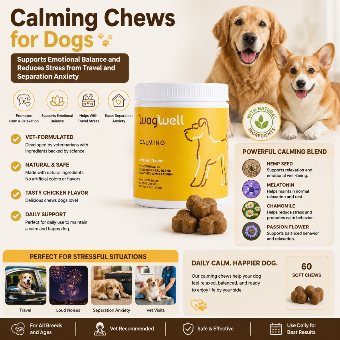 Calming Chews for Dogs - Supports Emotional Balance and Reduces Stress from Travel and Separation Anxiety