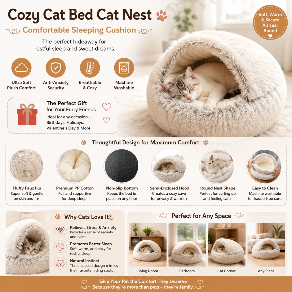 Cat Bed Cat Nest Comfortable Sleeping Cushion for Gifts, Soft Cat Beds with Hood, Anti-Anxiety Dog Bed, Pet Care Supplies, Pet Products, Summer Gift, Cat Furniture Cat Toys for Indoor Cats, Valentine'S Day Gift, Cat Stuff