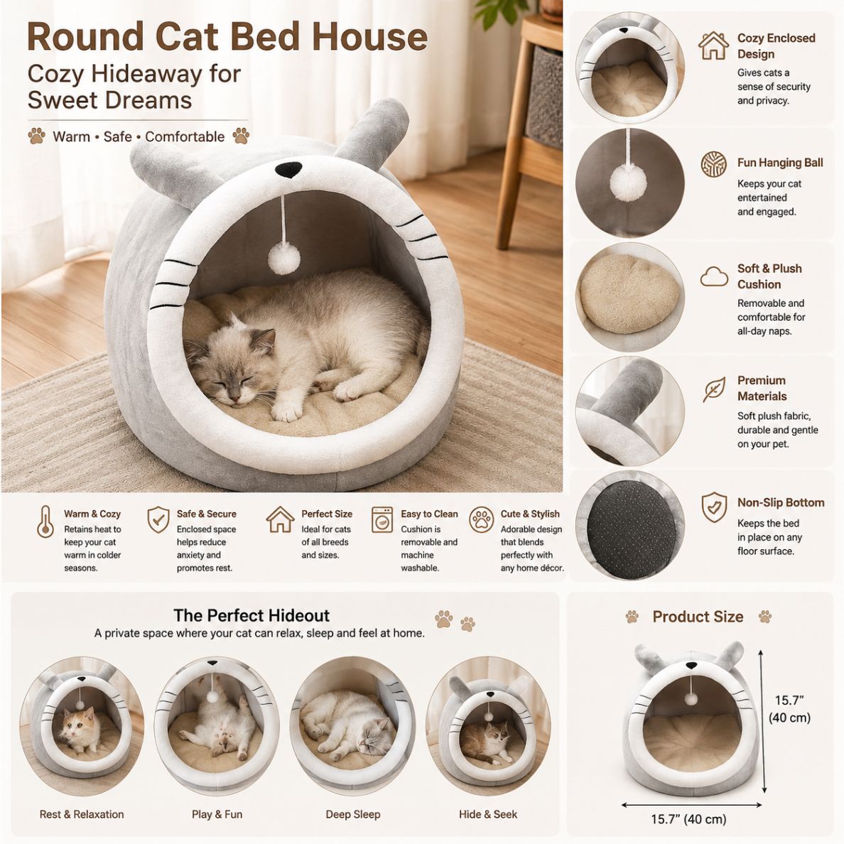 Cat Bed House Kennel Nest round Pets Sleeping