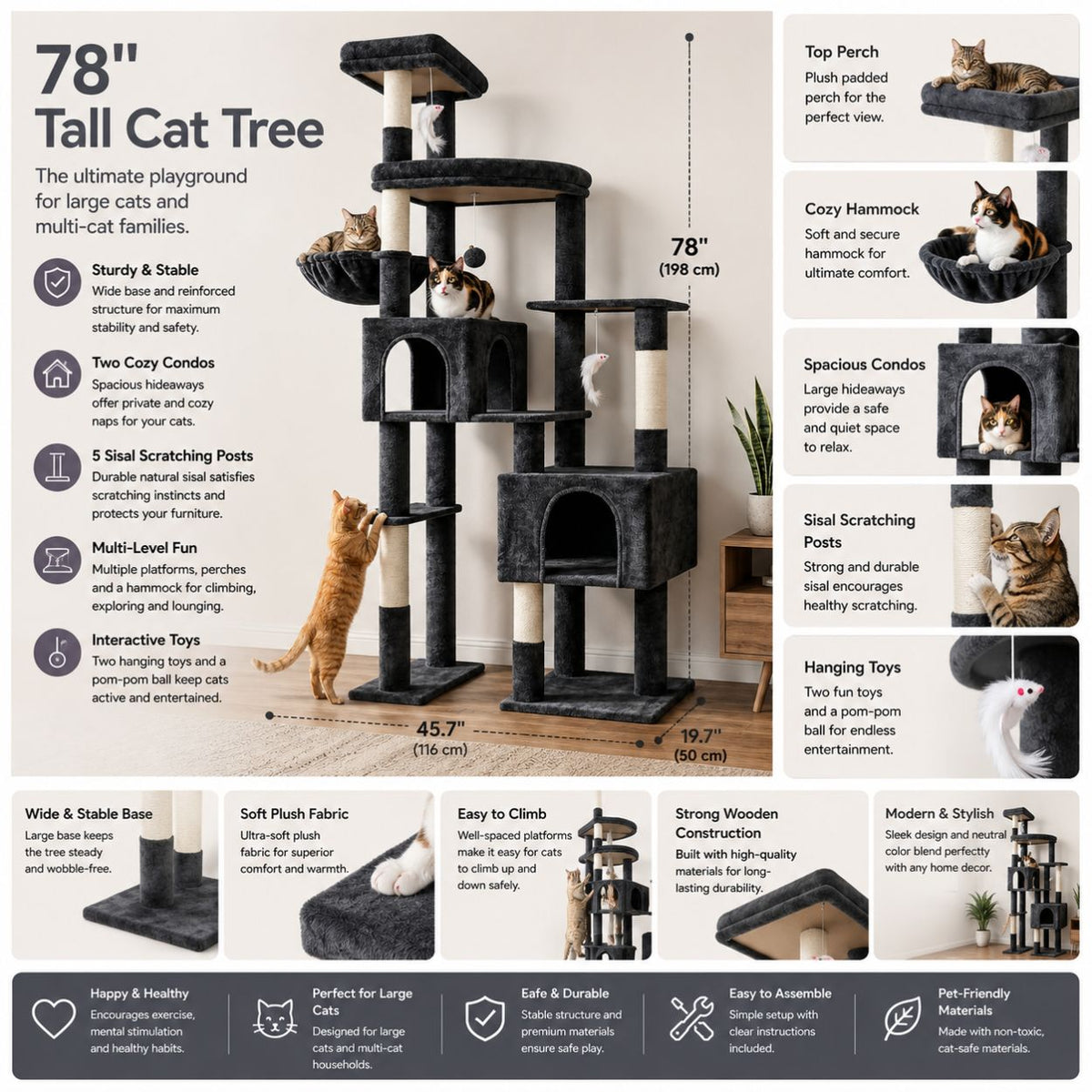 Deskat 78Inches Cat Tree for Large Cats . 2 Cat Condos ; 5 Sisal Posts; 2 Perches; F78C