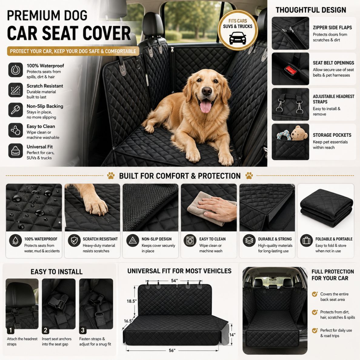 Dog Car Seat Cover, Back Seat Cover for Dogs Pet Car Seat Protector