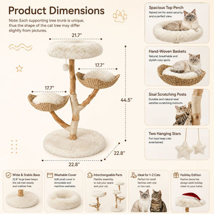 EROMMY Natural Wood Cat Tree - 37-Inch Holiday Edition, Hand-Woven Baskets, Sisal Scratching Posts, Star Scratcher, Festive Santa Hat Design, Wide Base for Calm Play, Washable Cover, Interchangeable Parts, 2 Hanging Stars, Cozy Indoor Tower for 2 Cats