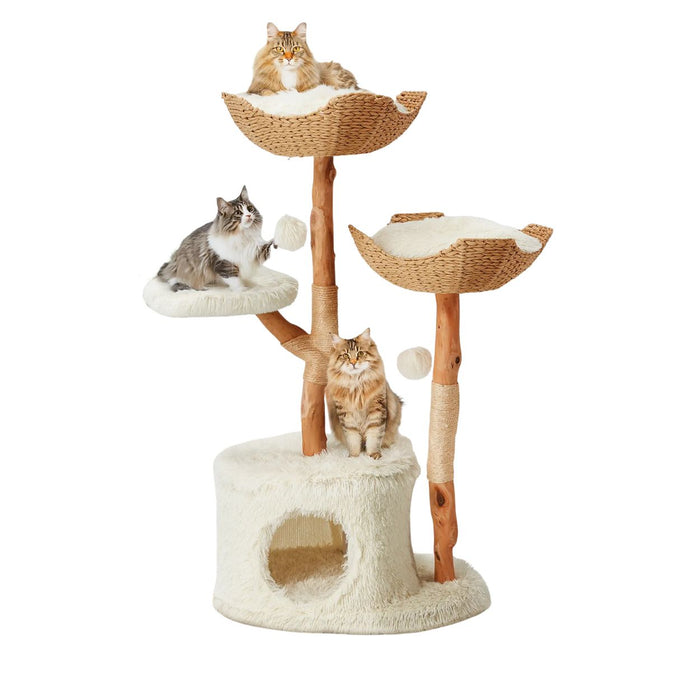 EROMMY Natural Wood Cat Tree - 37-Inch Holiday Edition, Hand-Woven Baskets, Sisal Scratching Posts, Star Scratcher, Festive Santa Hat Design, Wide Base for Calm Play, Washable Cover, Interchangeable Parts, 2 Hanging Stars, Cozy Indoor Tower for 2 Cats