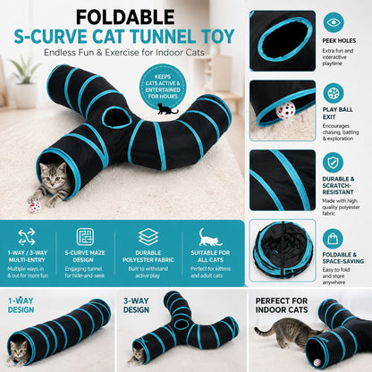 Foldable S-Curve Cat Tunnel Toy for Bored Indoor Cats, 1-Way/3-Way Multi-Entry, Multi-Channel Maze with Peek Holes & Play Ball Exit, Durable Scratch-Resistant Polyester Fabr., Space-Saving, Universal Fit (Blue & Black)