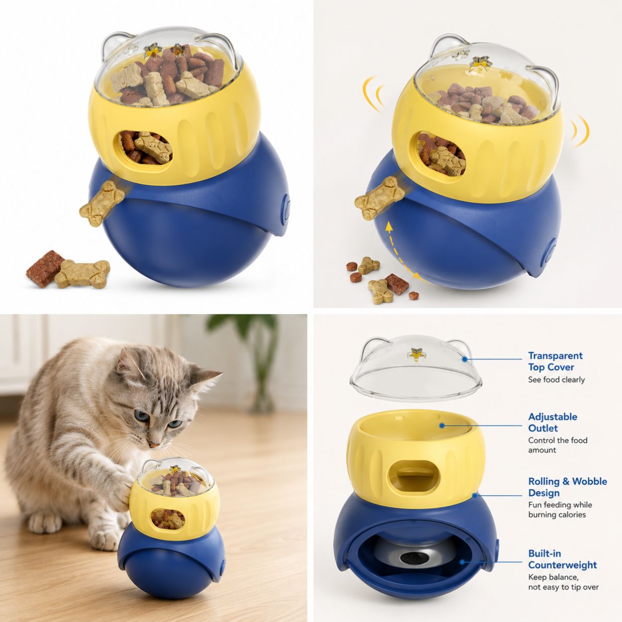Indoor Cats Weight Loss Wobble Tumbler Feeder Food Dispenser, Fun Sliding Rolling, Enrichment Portion Control Slow Feeder for Kittens & Adult Cats