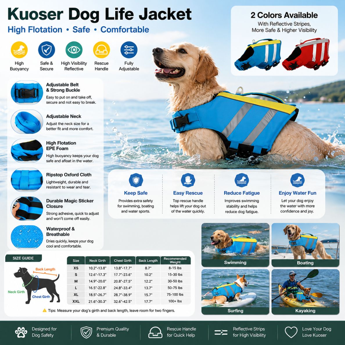 Kuoser Dog Life Jacket, High Flotation Dog Life Vest for Swimming & Boating, Adjustable Dogs Swim Vest with Rescue Handle, XS-XXL Reflective High Visibility Lifejacket for Small Medium Large Dogs