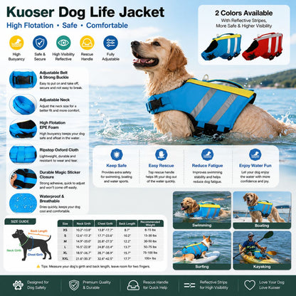 Kuoser Dog Life Jacket, High Flotation Dog Life Vest for Swimming & Boating, Adjustable Dogs Swim Vest with Rescue Handle, XS-XXL Reflective High Visibility Lifejacket for Small Medium Large Dogs