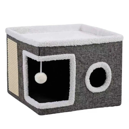Large Cat Bed for Indoor Cats, Soft Foldable Cat Cave Hideaway for Kittens & Adult Cats with Sisal Scratch Pad & Hanging Fluffy Ball, 16.5"X16.5"X14", Grey