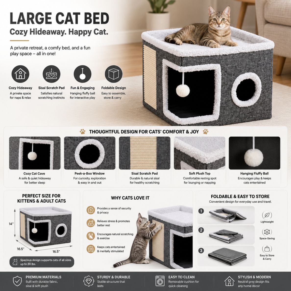 Large Cat Bed for Indoor Cats, Soft Foldable Cat Cave Hideaway for Kittens & Adult Cats with Sisal Scratch Pad & Hanging Fluffy Ball, 16.5"X16.5"X14", Grey