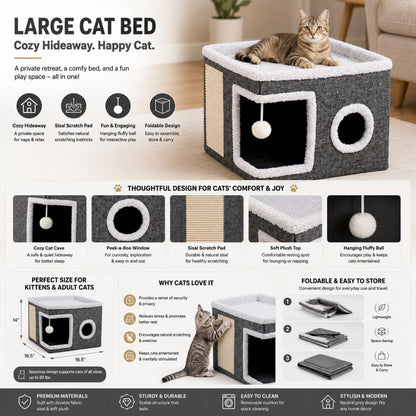 Large Cat Bed for Indoor Cats, Soft Foldable Cat Cave Hideaway for Kittens & Adult Cats with Sisal Scratch Pad & Hanging Fluffy Ball, 16.5"X16.5"X14", Grey