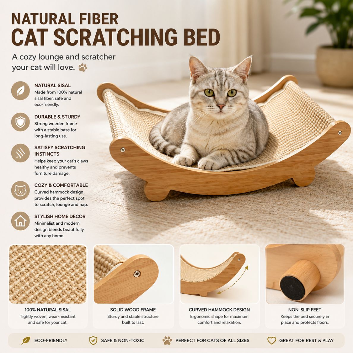 Natural Fiber Cat Scratching Bed, Durable Cat Scratch Board, Large Cat Claw Pad, Prevents Furniture Damage, Wooden Pet Home Decor, Natural Sisal Scratcher