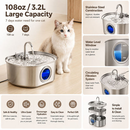 Neareal Oval Stainless Steel Automatic Pet Feeder - 108Oz/3.2L Fountain for Dogs & Cats with Water Level Window, Drinking Water Bowl, Power Supply, Hydration Boost, Easy to Clean, Odor-Eliminating Gift, Automatic Water Feeder