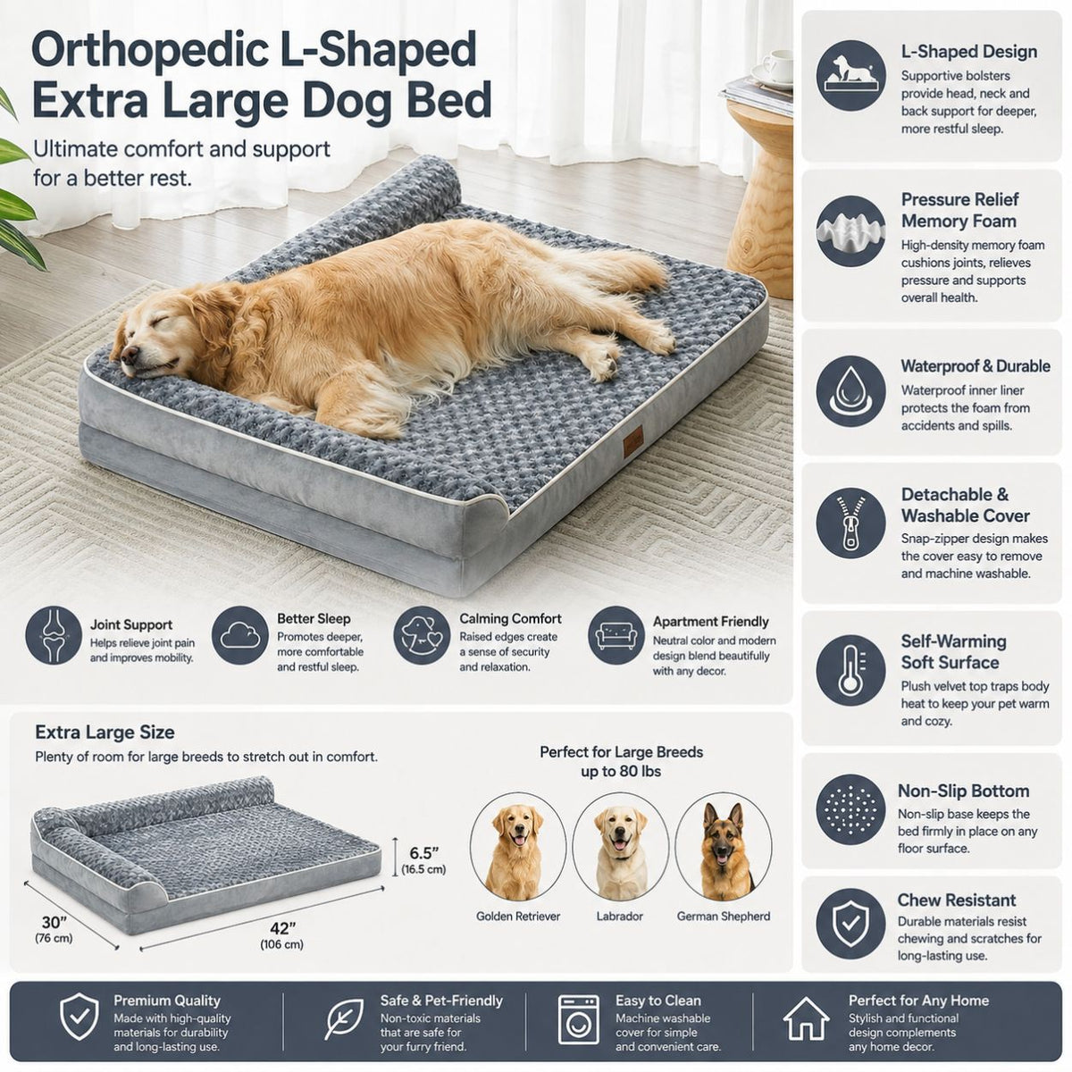 Orthopedic L-Shaped Extra Large Dog Bed - 42"X30"X6.5" Waterproof Velvet-Top Sofa, Pressure Relief Memory Foam, Joint Support, Detachable Washable Snap-Zipper Cover, Self-Warming Soft Surface, Non-Slip Bottom, Chew Resistant, for Apartment Decor