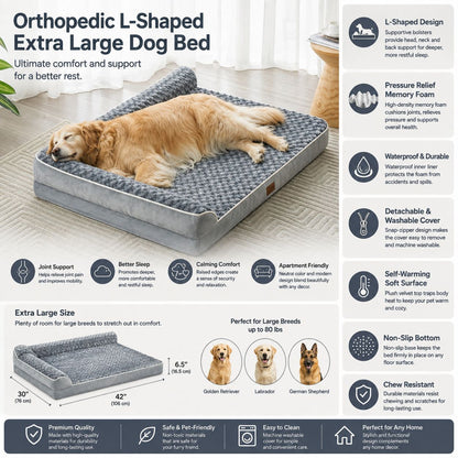 Orthopedic L-Shaped Extra Large Dog Bed - 42"X30"X6.5" Waterproof Velvet-Top Sofa, Pressure Relief Memory Foam, Joint Support, Detachable Washable Snap-Zipper Cover, Self-Warming Soft Surface, Non-Slip Bottom, Chew Resistant, for Apartment Decor