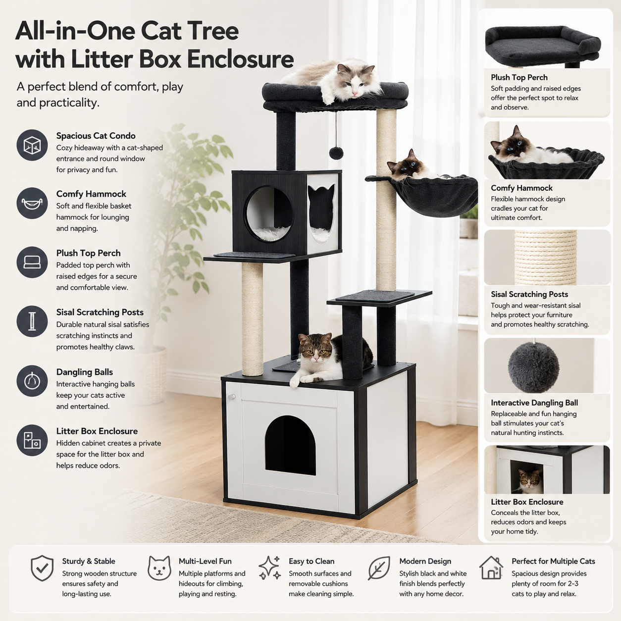 PAWZ Road Cat Tree with Litter Box Enclosure, 56.7-Inch Modern Cat Tower with Storage Cabinet and Spacious Wood Cat Condo, Sisal Covered Scratching Post and Repalcable Dangling Balls#Dealsforyoudays