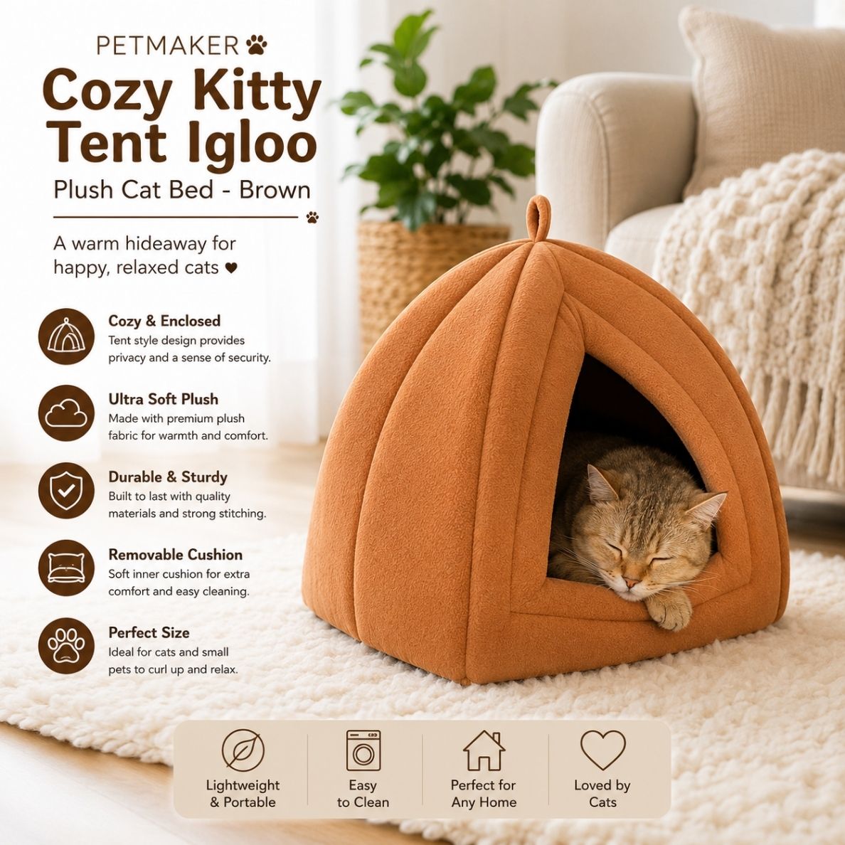PETMAKER Cozy Kitty Tent Igloo Plush Cat Bed - Brown