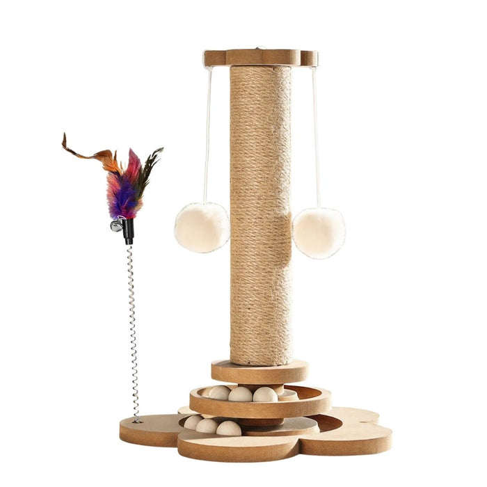 Pawaboo 9.45'' Cat Scratching Post, Cat Scratcher Tree Tower Scratching Posts for Indoor Cats, Sisal Kitten Scratch Posts Trees with Hanging Fluffy Balls and Track Balls, Furniture Protector Cat Toys Wood