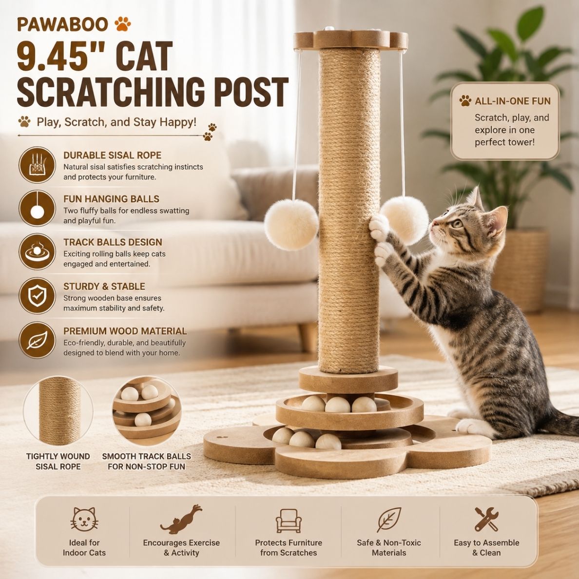 Pawaboo 9.45'' Cat Scratching Post, Cat Scratcher Tree Tower Scratching Posts for Indoor Cats, Sisal Kitten Scratch Posts Trees with Hanging Fluffy Balls and Track Balls, Furniture Protector Cat Toys Wood